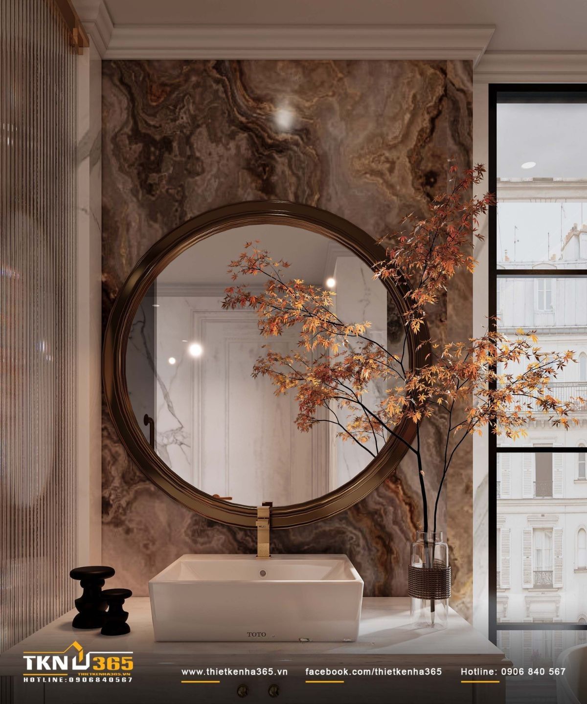 Khu vực lavabo bố trí gọn gàng với gương tròn viền kim loại, ánh sáng chiếu điểm vừa đủ, mềm mại và không gây chói