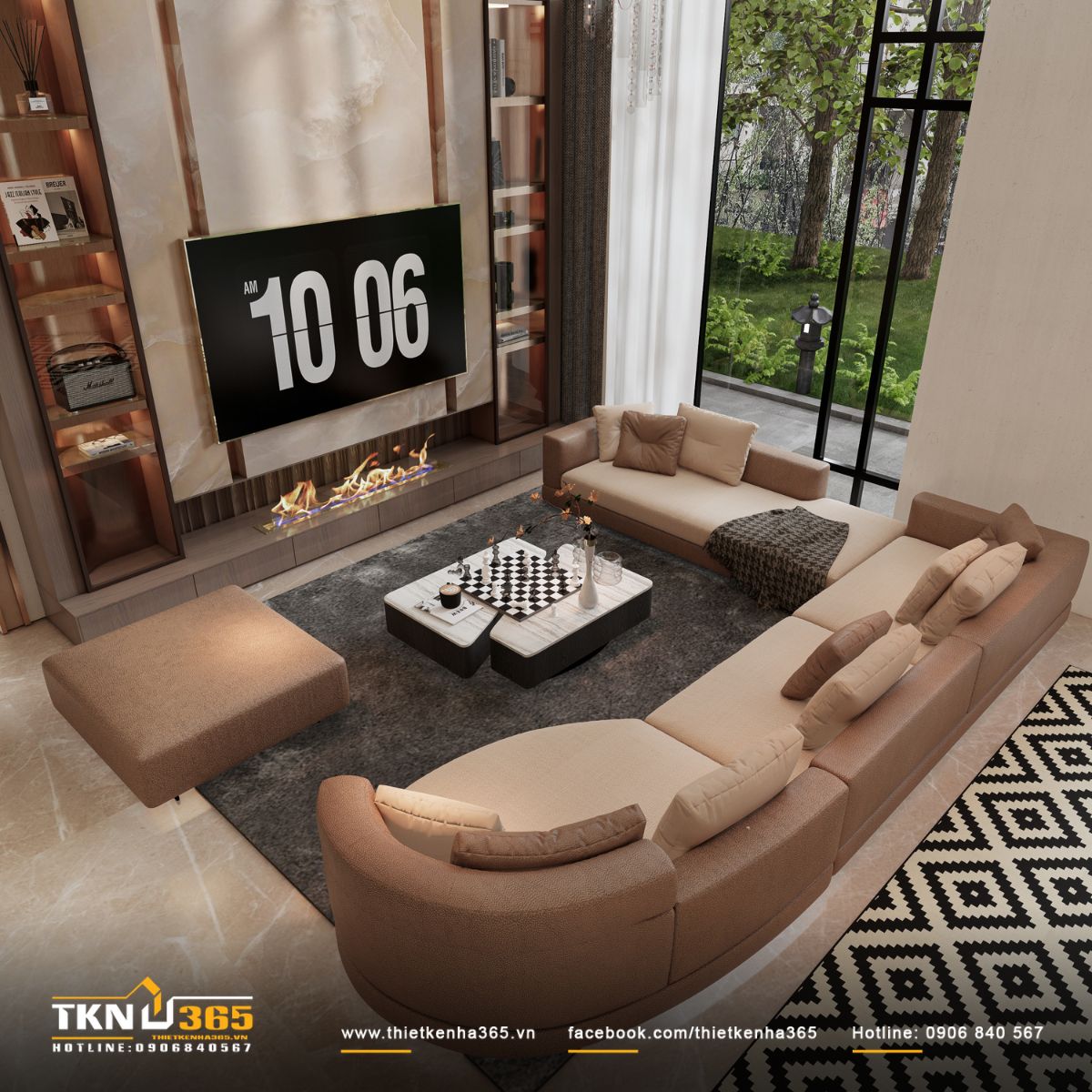 Bộ sofa bo mềm đặt xoay quanh bàn trà, tạo bố cục quây quần, cân bằng giữa sự bề thế và cảm giác ấm cúng