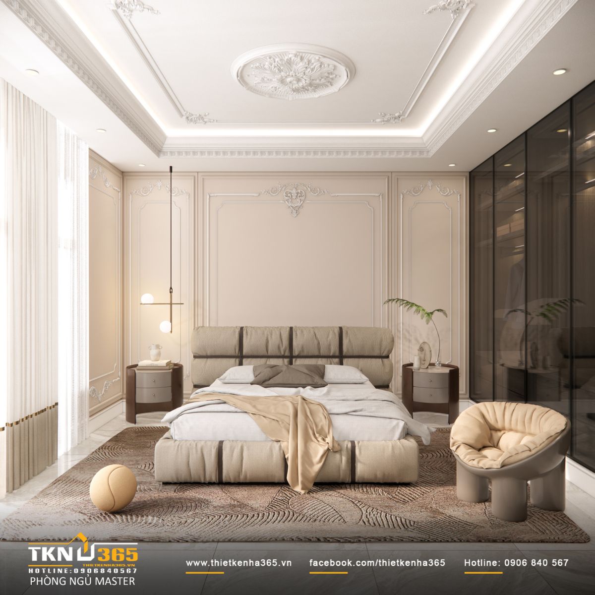 Phòng ngủ master tổ chức theo nhịp sinh hoạt của gia chủ, bố cục cân đối với giường ngủ đặt tại trục trung tâm, tạo cảm giác ổn định và an toàn khi nghỉ ngơi