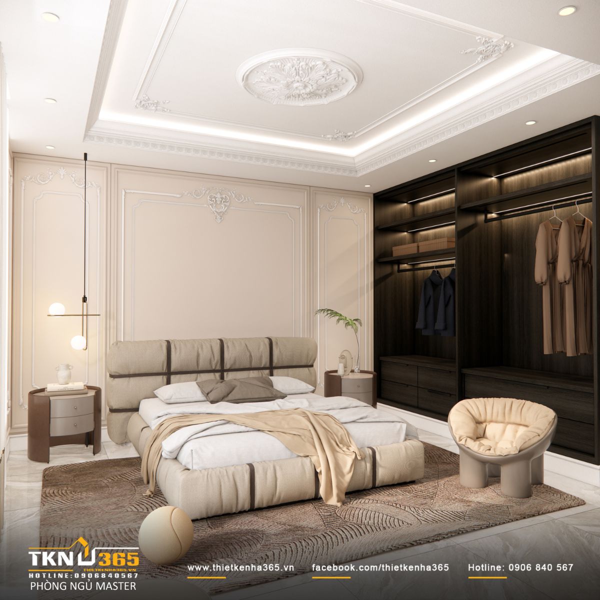 Đầu giường bọc nệm tông trầm, kết hợp vật liệu vải mềm giúp không gian giữ được sự êm ái và tính riêng tư cần thiết