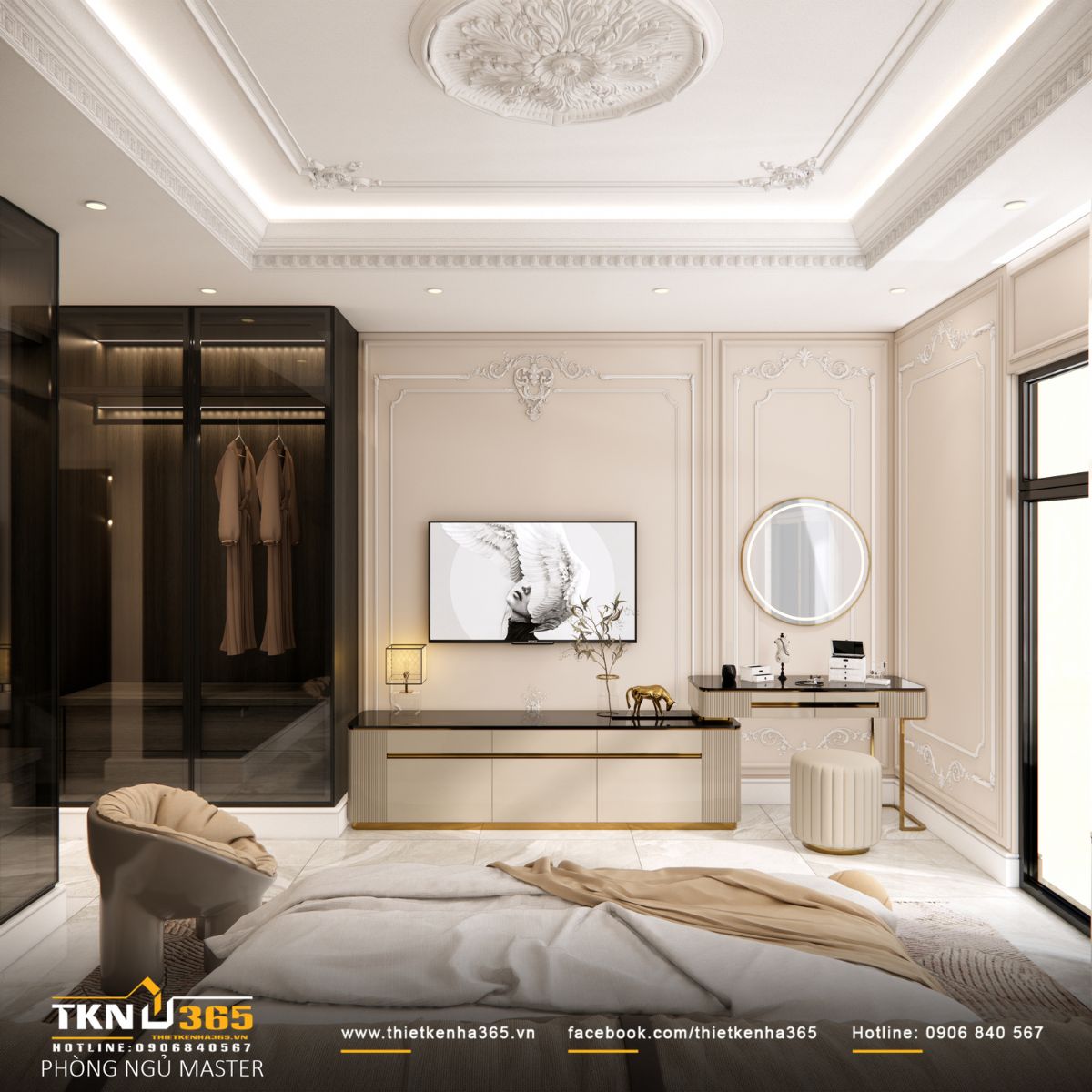 Phào chỉ và chi tiết tân cổ điển tiết chế giữ vai trò tạo chiều sâu thẩm mỹ mà không làm không gian trở nên nặng nề