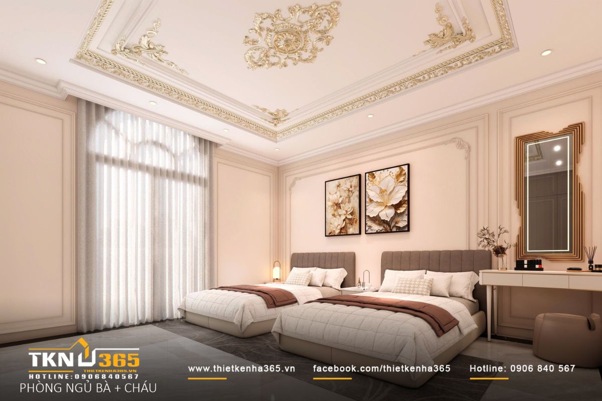 Không gian phòng ngủ của bà và cháu tổ chức cân bằng, đảm bảo sự thoải mái cho nhiều độ tuổi trong cùng một bố cục