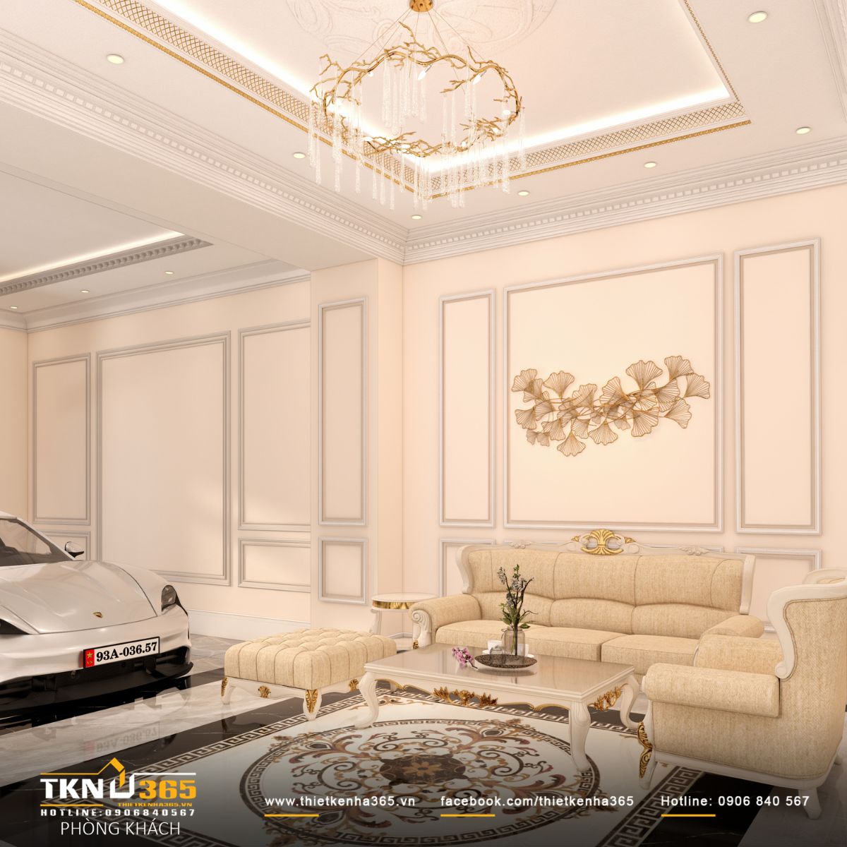 Trần giật cấp kết hợp ánh sáng gián tiếp, kiểm soát chặt chẽ tỷ lệ phào chỉ và chi tiết trang trí để tạo điểm nhấn vừa đủ, không gây nặng nề