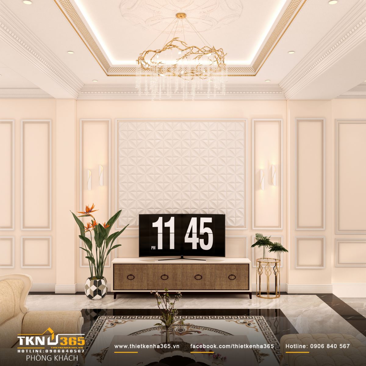 Khu vực tường tivi và đồ nội thất bố trí gọn gàng, nhấn mạnh tính trật tự và nhịp điệu không gian trong sinh hoạt thường ngày