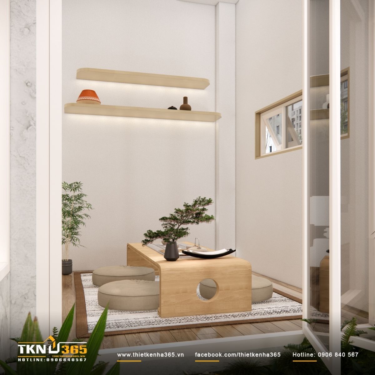 Bàn trà thấp, đệm ngồi bệt tạo không gian thư giãn dễ chịu