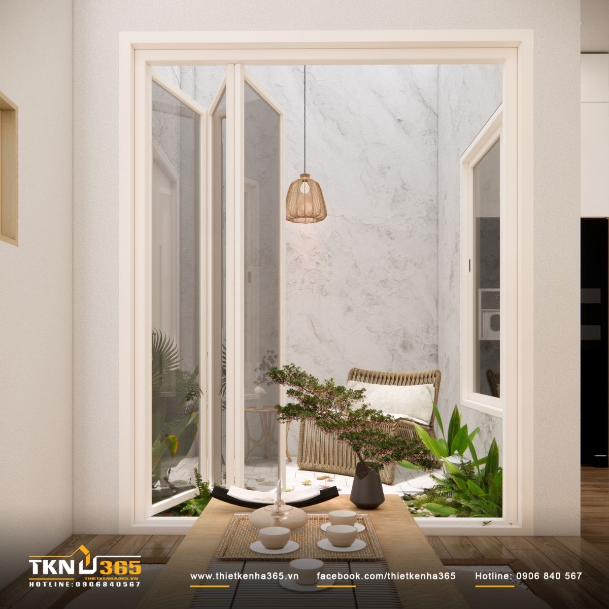 Vật liệu mộc và ánh sáng dịu giúp phòng trà trở thành điểm dừng cảm xúc trong dòng di chuyển của ngôi nhà