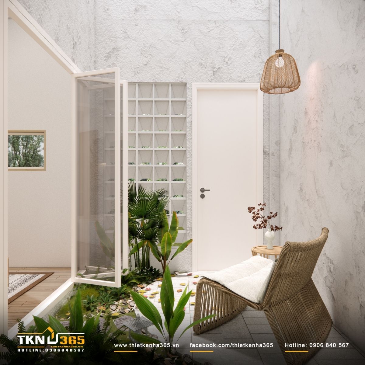 Sân vườn nhỏ tổ chức tối giản, kết hợp cây xanh và gạch lát đơn giản để giữ cảm giác tự nhiên