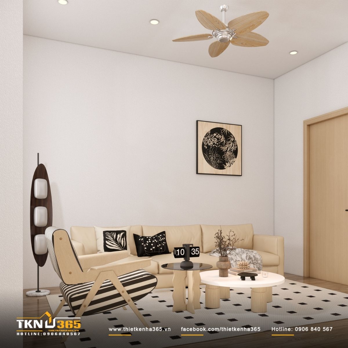 Bố cục sofa - ghế thư giãn - bàn trà tròn tạo cảm giác mềm mại, thoải mái cho sinh hoạt gia đình