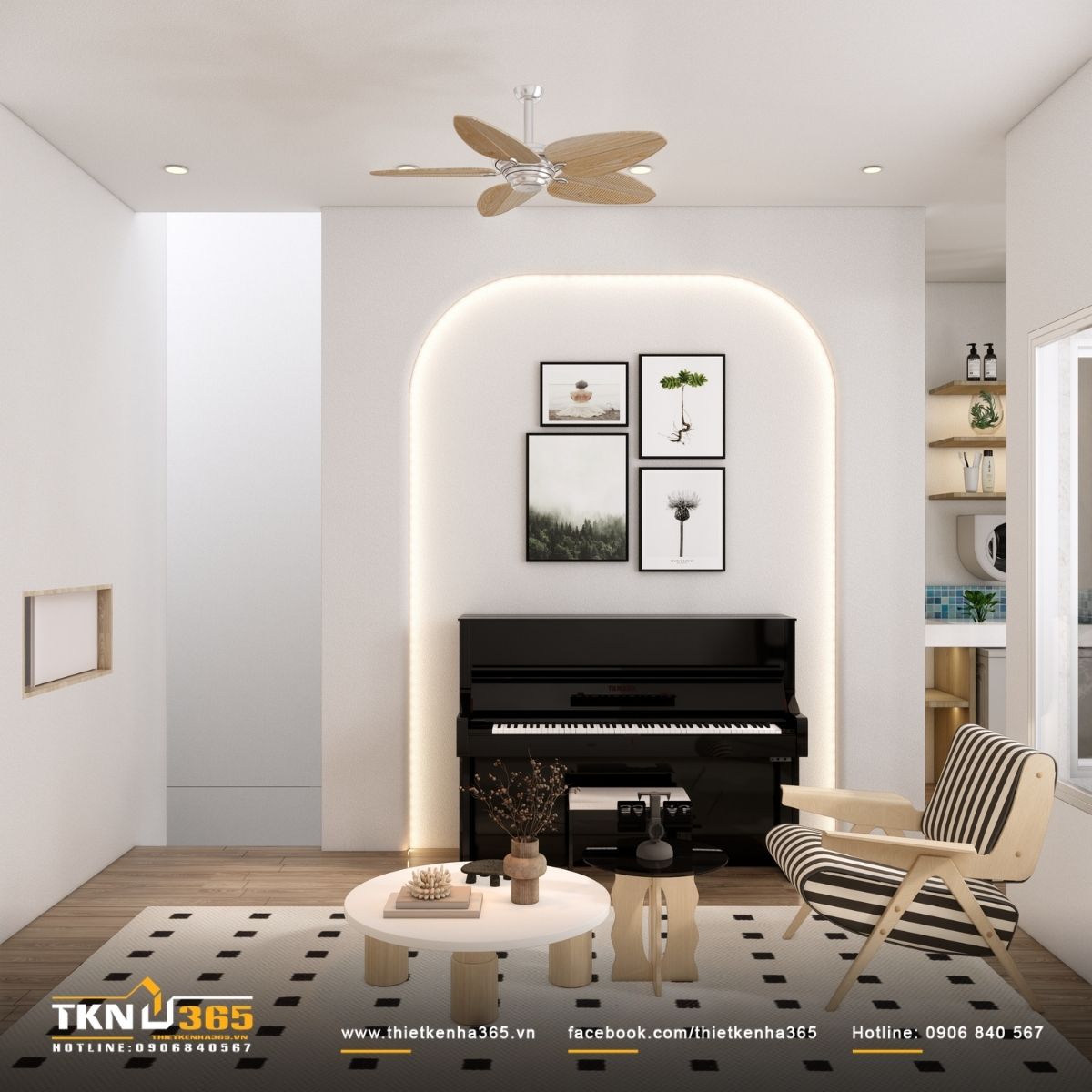 Đàn piano đặt trong mảng tường vòm có ánh sáng hắt, trở thành điểm nhấn tinh tế của không gian chung