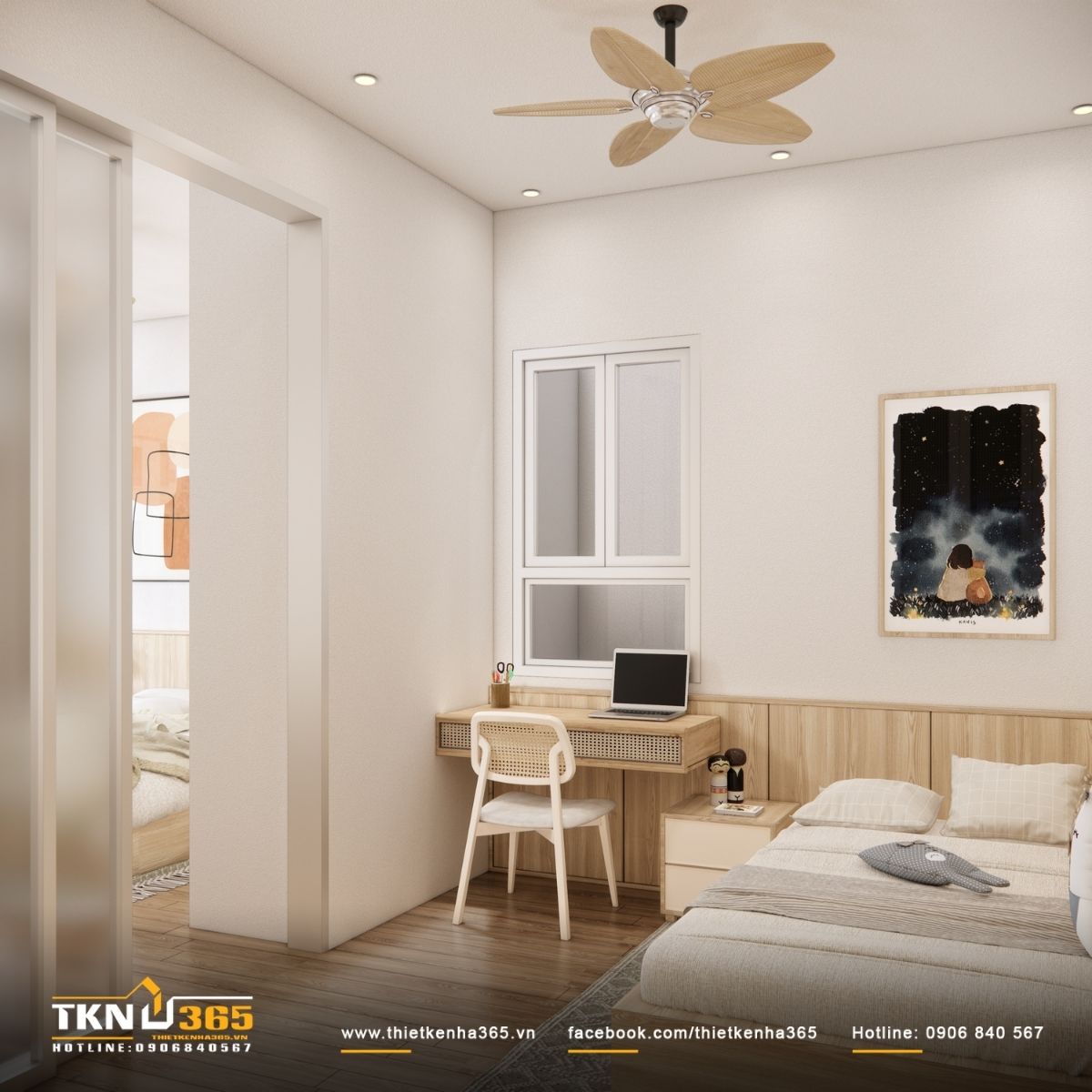 Ánh sáng tự nhiên kết hợp bảng màu trung tính giữ căn phòng nhẹ nhàng và ổn định theo thời gian