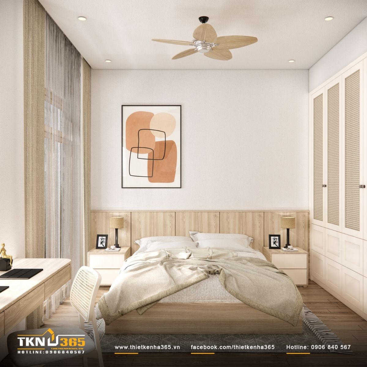 Giường ngủ đặt trên trục trung tâm, tạo bố cục cân xứng và cảm giác ổn định cho không gian nghỉ ngơi