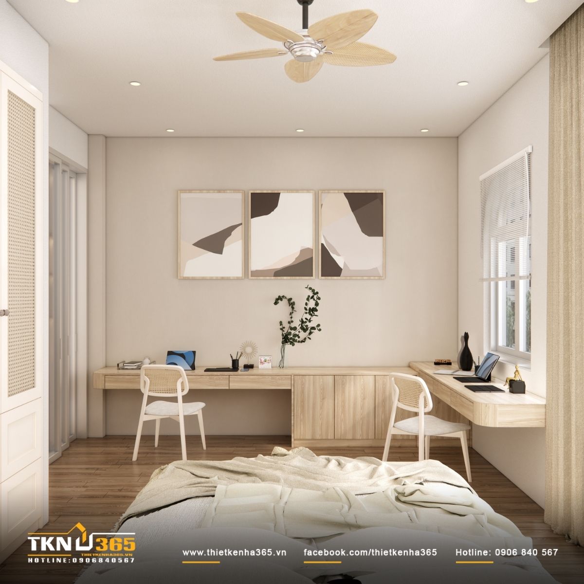 Hệ tủ lớn chạy dọc tường kết hợp bàn làm việc, tối ưu công năng mà vẫn giữ sự gọn gàng