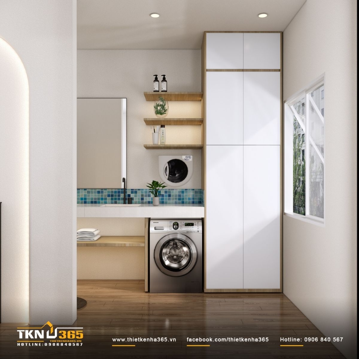 Máy giặt và bồn rửa bố trí liền khối, tối ưu diện tích sử dụng trong không gian nhỏ
