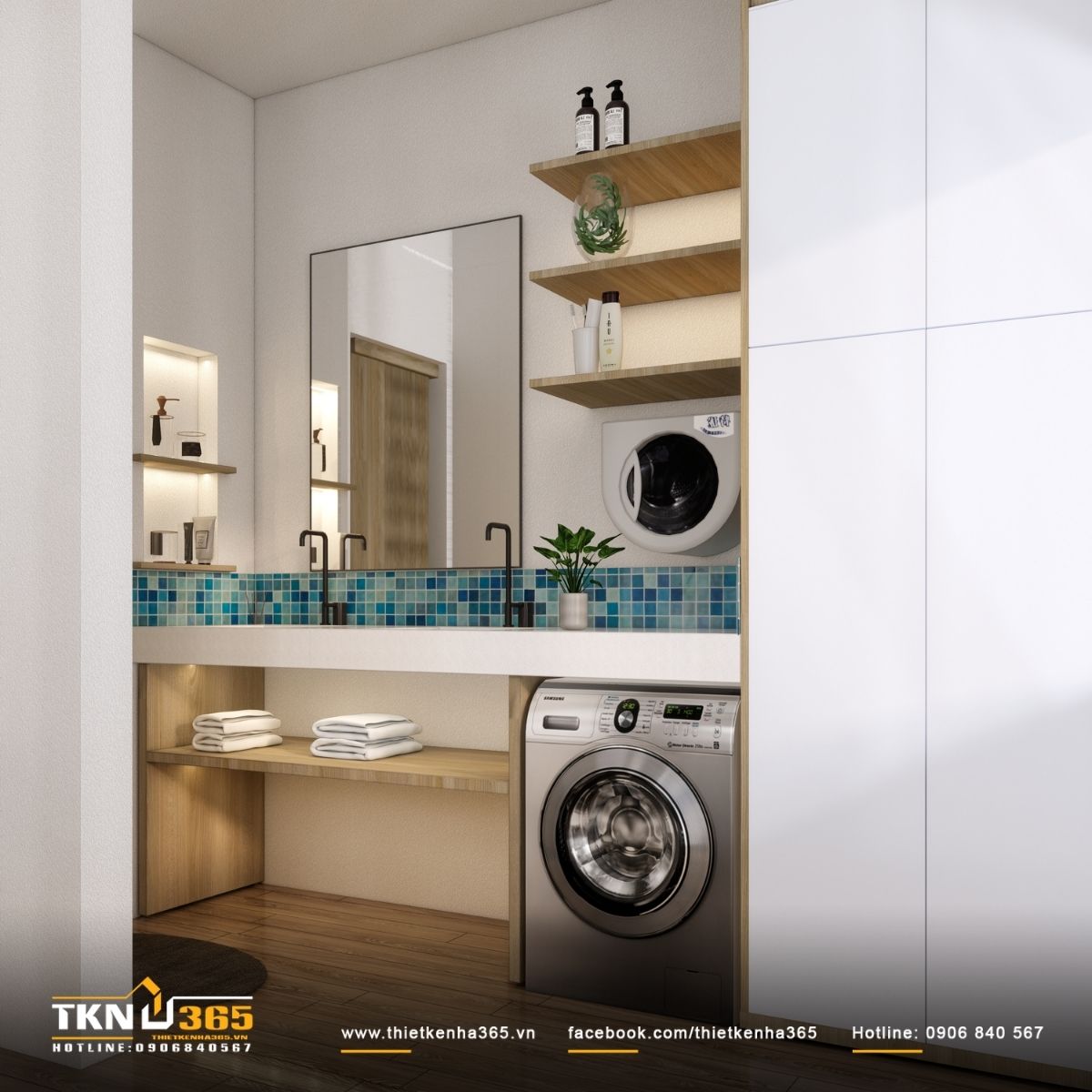 Hệ kệ mở và tủ lưu trữ tích hợp giúp khu vực giặt - vệ sinh luôn gọn gàng