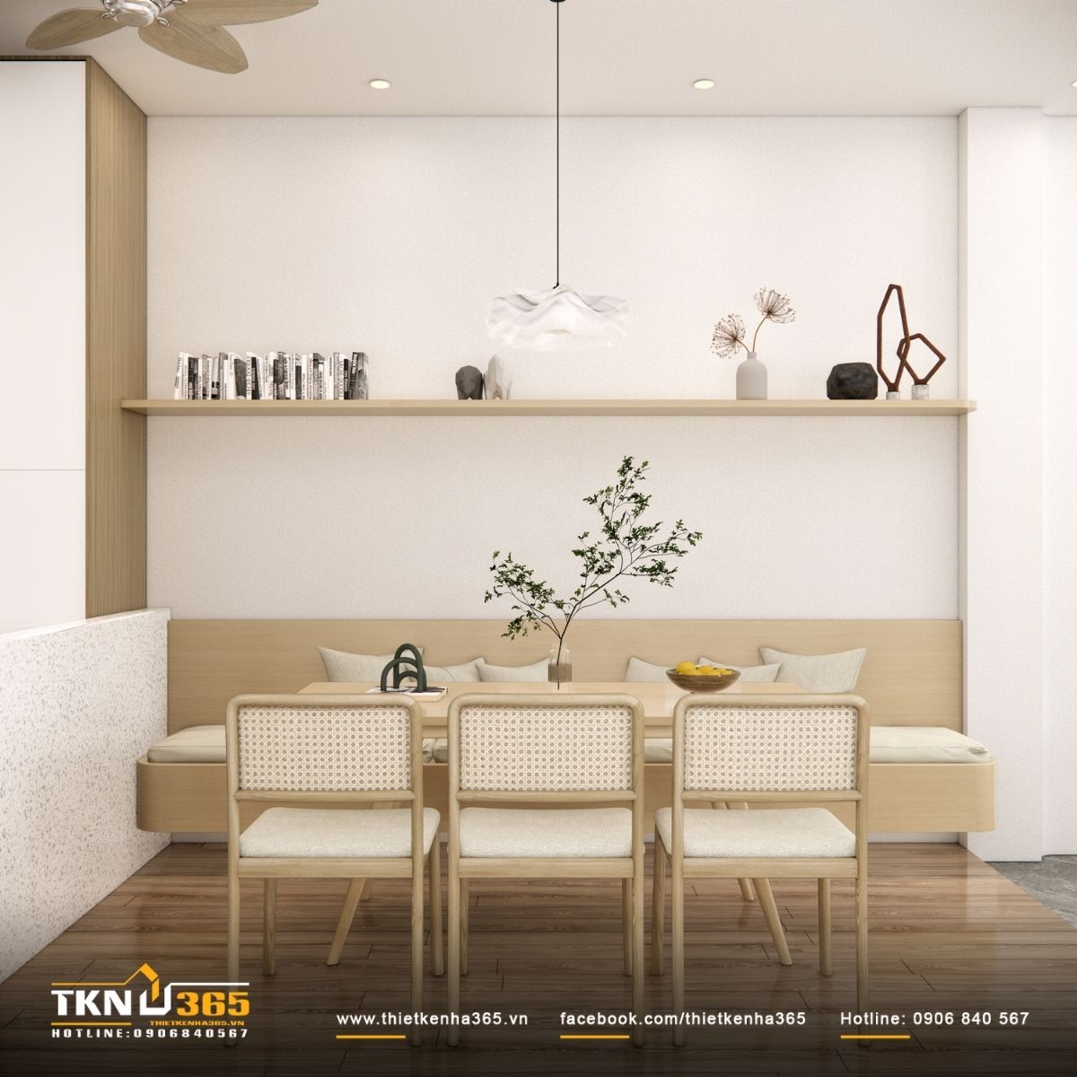 Băng ghế dài đặt sát tường giúp tối ưu diện tích, đồng thời mở rộng khả năng sử dụng trong sinh hoạt hàng ngày