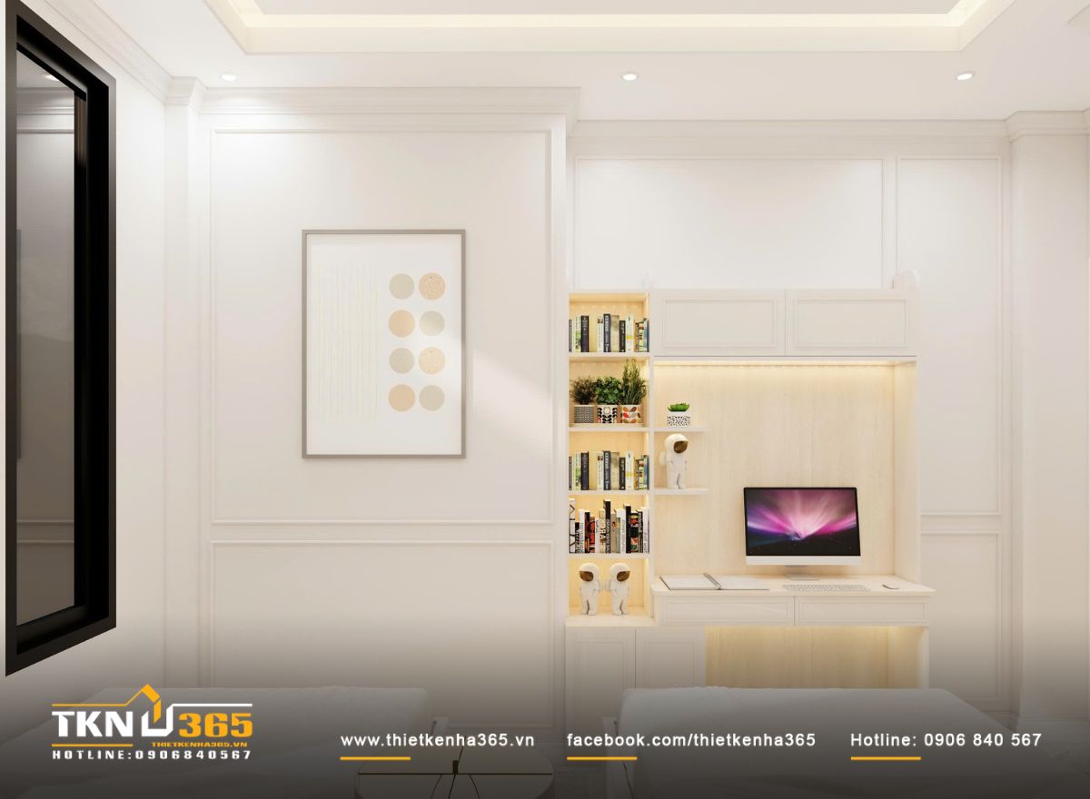 Hệ tủ kết hợp bàn làm việc thiết kế gọn gàng, tích hợp ánh sáng hắt nhẹ để giữ sự yên tĩnh cho không gian riêng tư