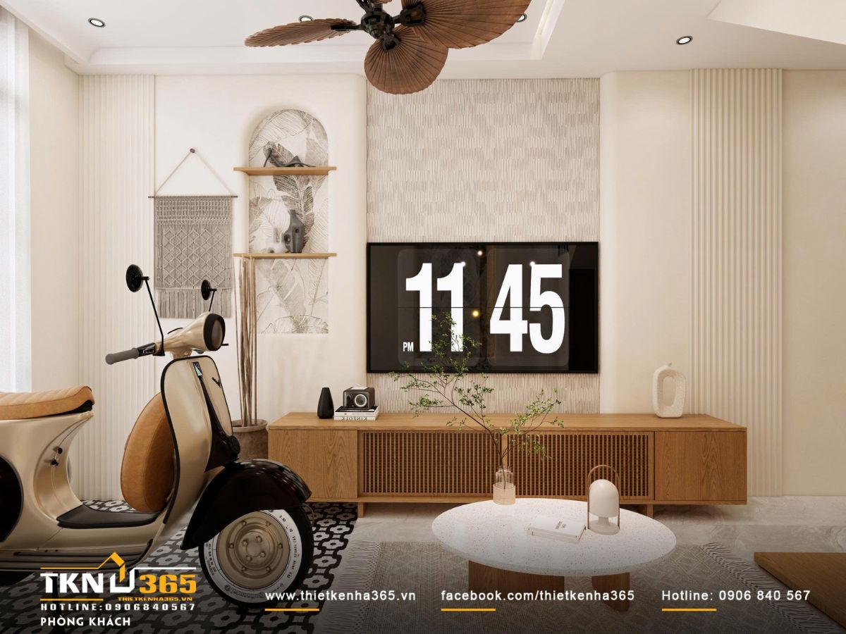 Hệ tủ tivi thấp kết hợp ánh sáng gián tiếp và chi tiết trang trí tiết chế, giúp không gian sinh hoạt chung giữ được sự thông thoáng và nhẹ nhàng