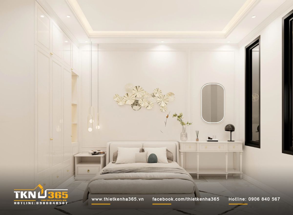 Phòng ngủ phụ giữ tinh thần tân cổ điển chọn lọc, điểm nhấn trang trí được đặt vừa đủ để tạo chiều sâu mà không gây áp lực cho không gian