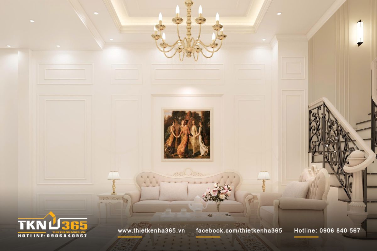 Bảng màu trắng kem - be - ánh vàng nhạt dẫn dắt không gian, kết hợp phào chỉ tinh gọn tạo cảm giác thanh lịch và ổn định theo thời gian