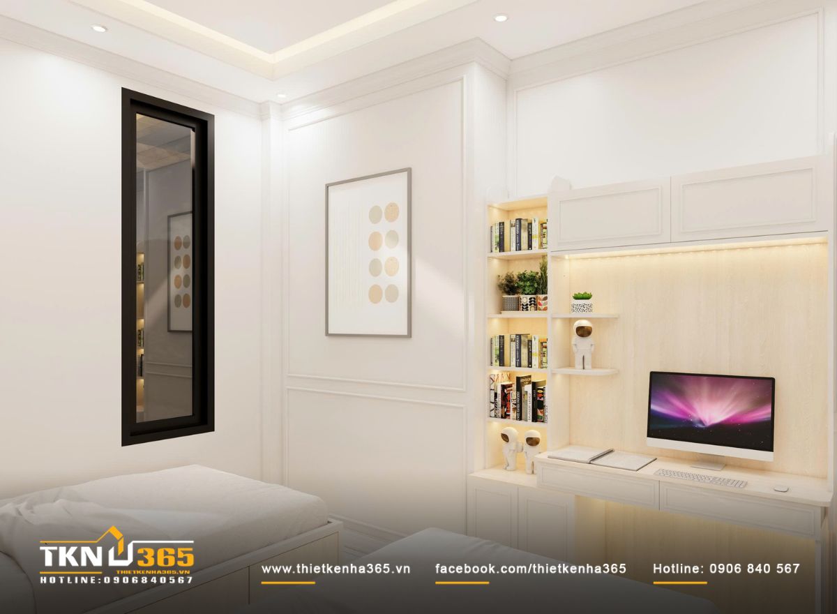 Gỗ sáng, ánh sáng hắt nhẹ và bề mặt phẳng phối hợp vừa đủ, tạo nên góc sinh hoạt êm ái, không gây căng thẳng