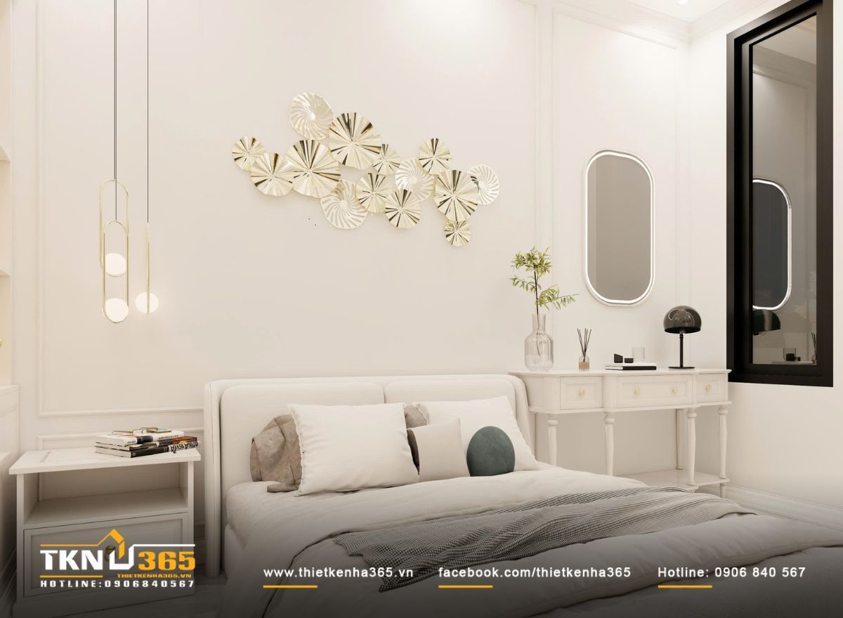 Vải bọc mềm mại, gam be - trắng chủ đạo và điểm nhấn kim loại nhẹ mang đến cảm giác thư thái, phù hợp cho không gian nghỉ ngơi