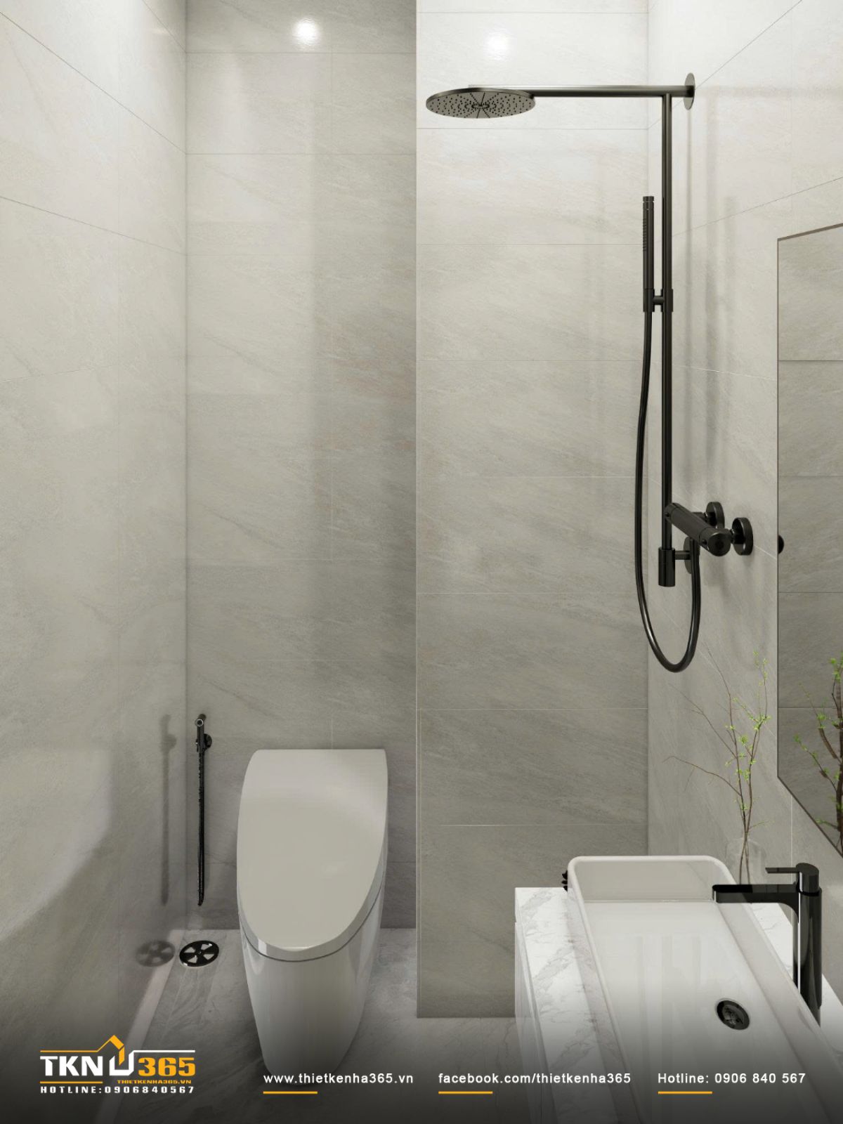 Gạch đá tông xám sáng kết hợp thiết bị vệ sinh sắc nét, giữ không gian sạch sẽ, hiện đại và dễ bảo trì