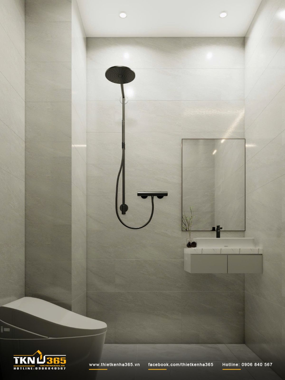 Bề mặt đá sáng và phụ kiện tông đen mờ tạo tương phản nhẹ, giúp không gian có điểm nhấn nhưng vẫn hài hòa tổng thể