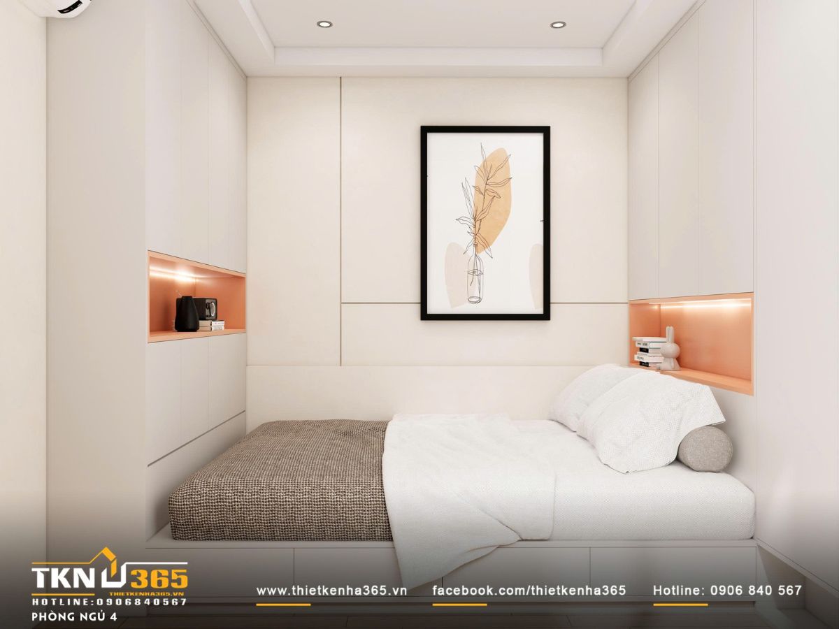 Phòng ngủ diện tích nhỏ vẫn giữ được sự thoáng đãng nhờ bố cục tối giản và gam màu sáng xuyên suốt