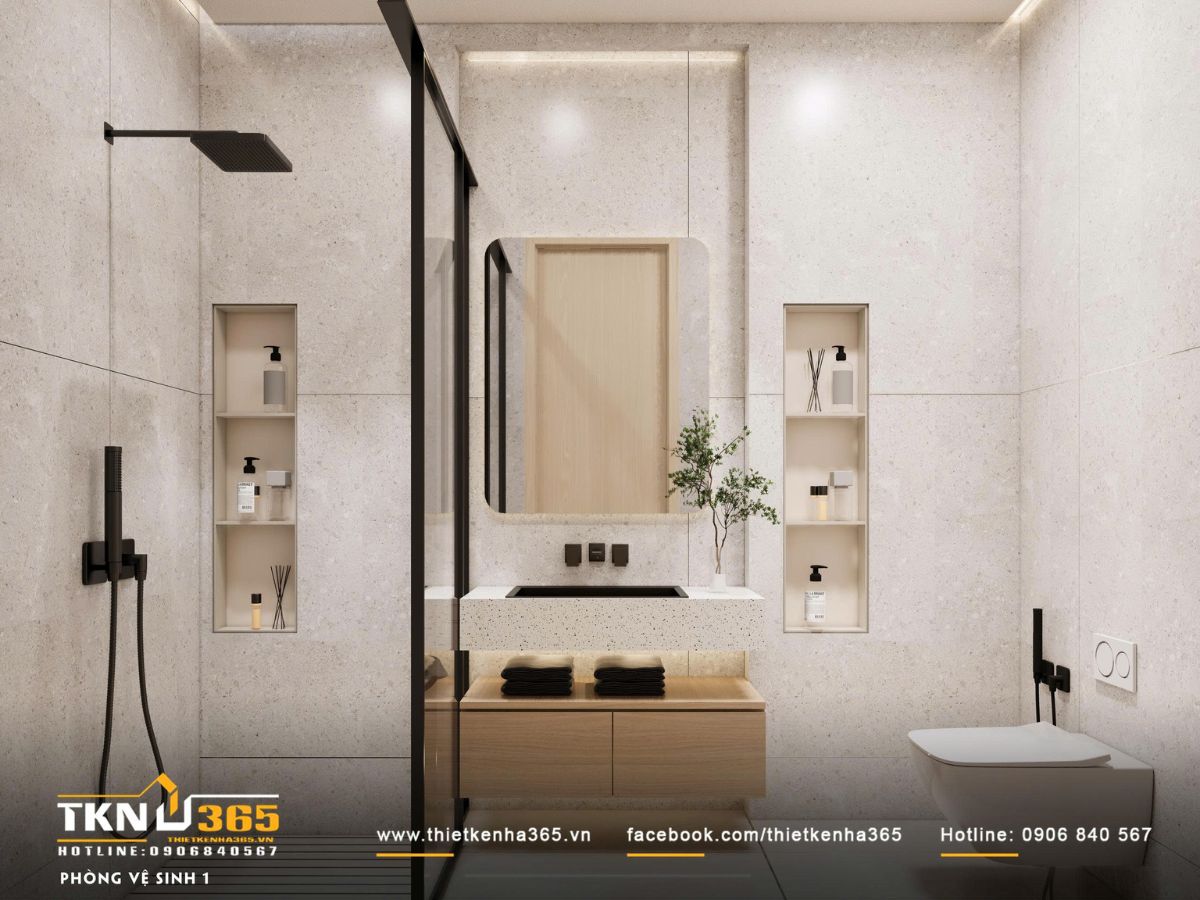 Phòng vệ sinh bố trí theo trục thẳng, các khu chức năng phân tách rõ ràng, thuận tiện khi sử dụng