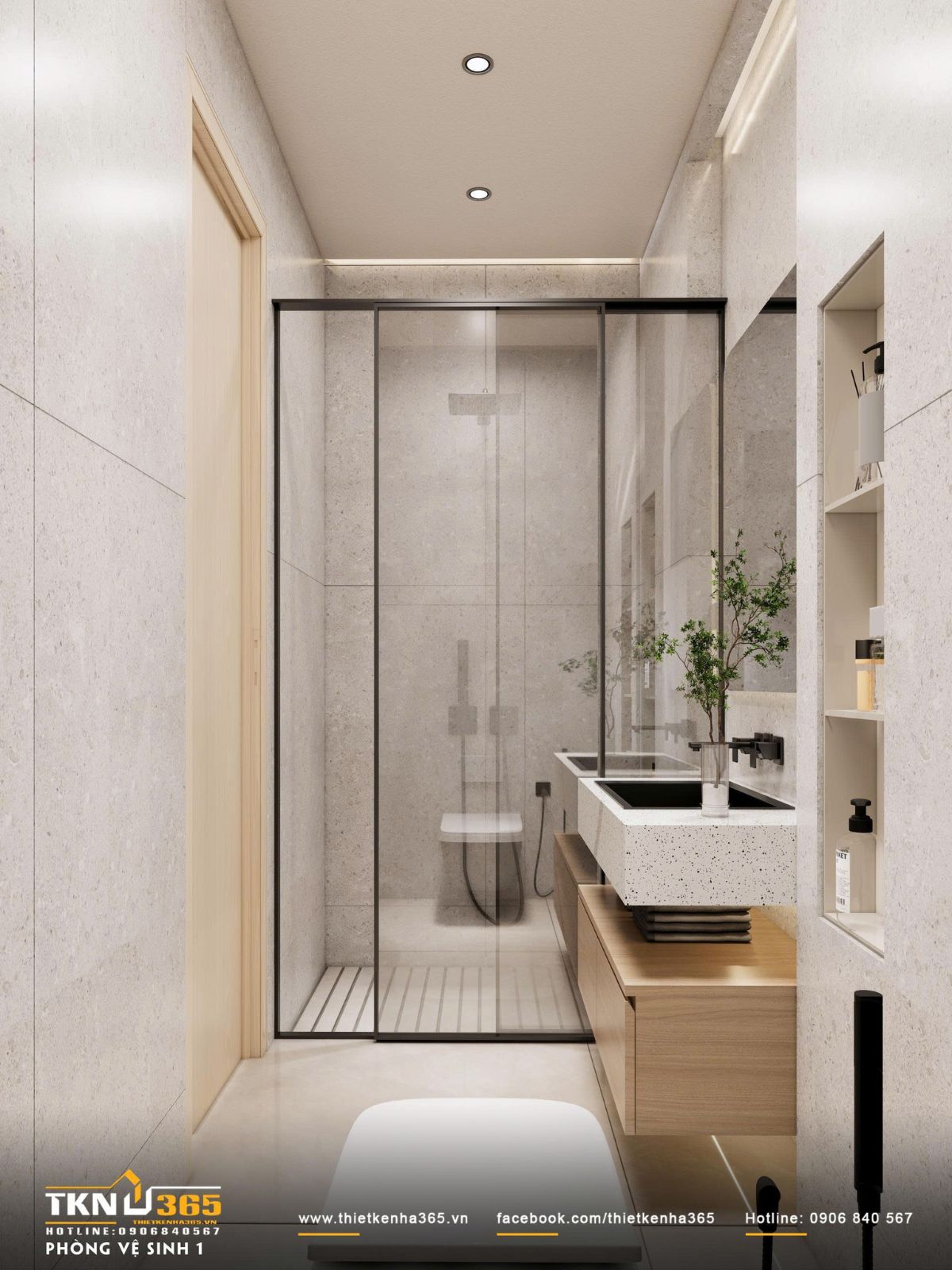 Vách kính trong suốt giúp không gian phòng vệ sinh giữ được độ mở và cảm giác nhẹ nhàng