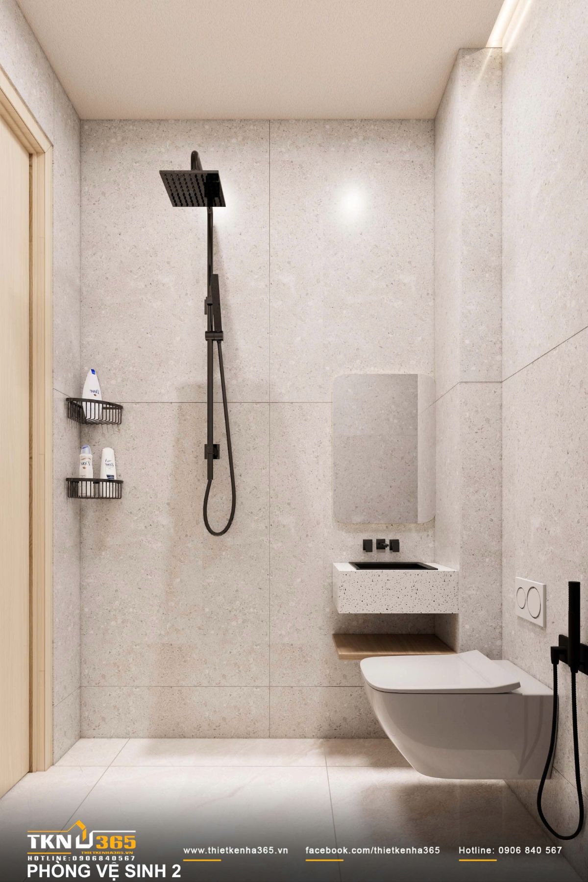 Thiết bị vệ sinh tông đen tạo điểm nhấn tinh tế trên nền vật liệu sáng trung tính