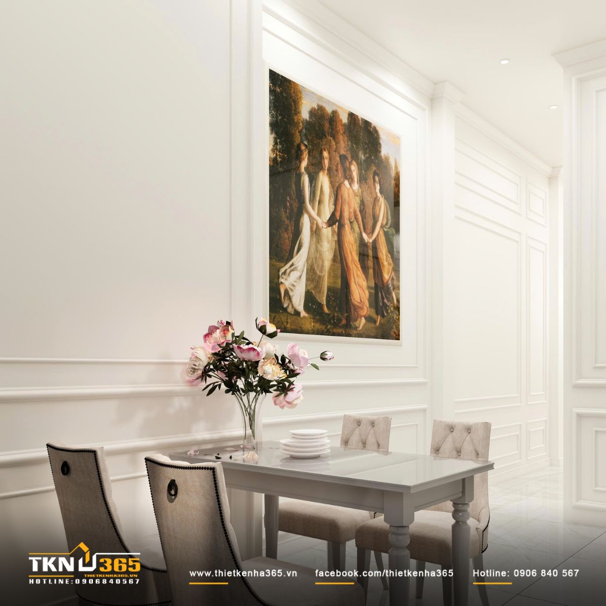 Bàn ăn đặt ở vị trí trung tâm, thiết kế thanh lịch và vừa vặn, trở thành điểm kết nối tự nhiên cho những bữa cơm gia đình ấm cúng