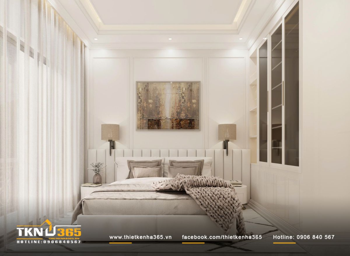 Phòng ngủ master tổ chức gọn gàng với bố cục cân đối, bảng màu trung tính và ánh sáng dịu, tạo cảm giác thư giãn ngay khi bước vào
