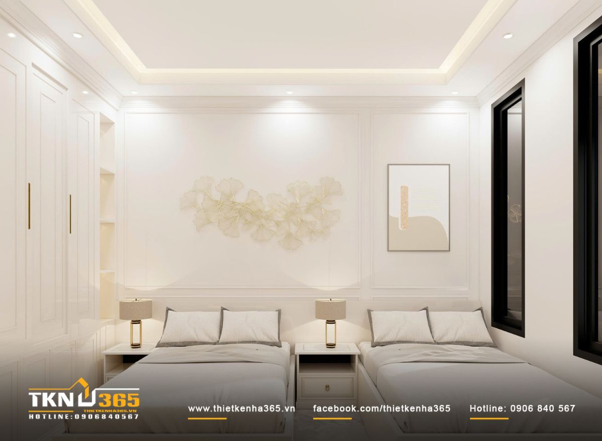 Phòng ngủ đôi sử dụng bố cục đối xứng và nội thất tiết chế, đảm bảo sự cân bằng và thoải mái trong sinh hoạt hàng ngày