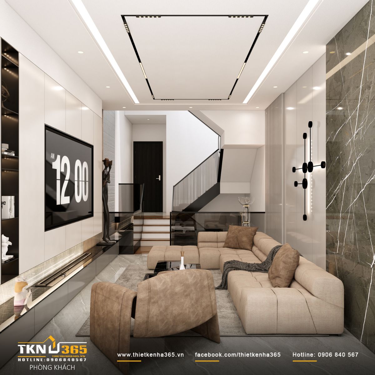 Thiết kế nội thất nhà phố 4 tầng “nhường chỗ” cho ánh sáng, vật liệu và cảm xúc cùng lên tiếng 1 Phòng khách tổ chức mạch lạc với sofa tông be trung tính, giữ cảm giác gần gũi và dễ chịu trong sinh hoạt hàng ngày