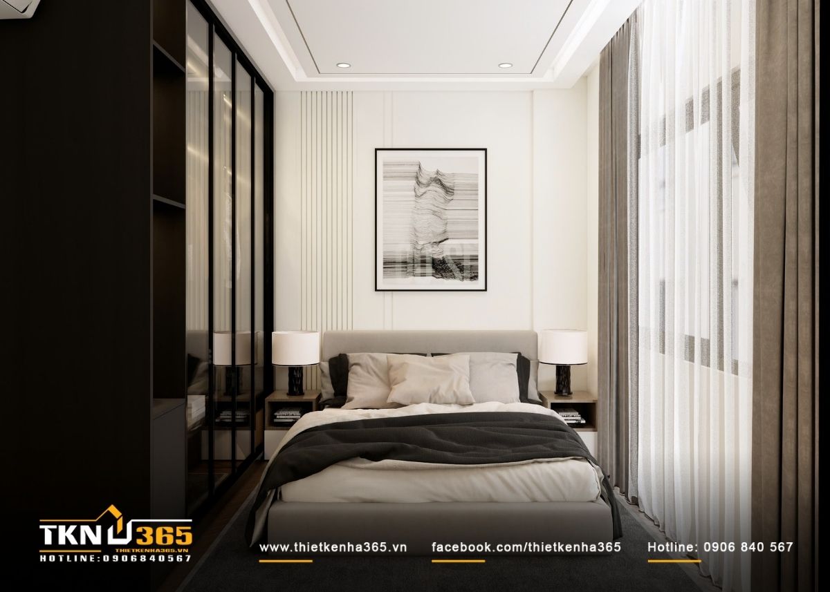 Thiết kế nội thất nhà phố 4 tầng kết hợp không gian ở và kinh doanh 13 Giường ngủ đặt trên trục trung tâm, kết hợp đầu giường bọc mềm và tranh treo tối giản, mang lại sự cân bằng thị giác