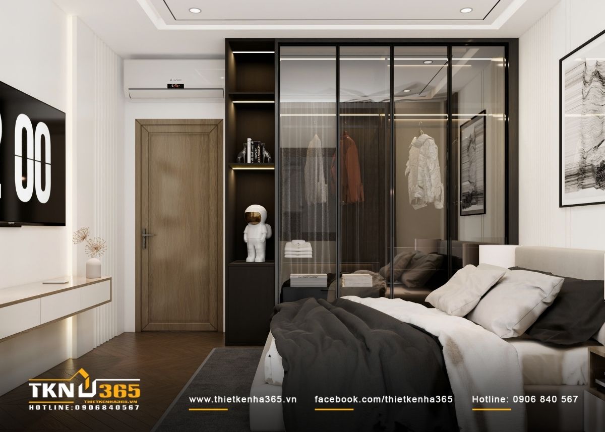 Thiết kế nội thất nhà phố 4 tầng kết hợp không gian ở và kinh doanh 14 Sự kết hợp giữa bề mặt gỗ tối và gam sáng trung tính mang lại cảm giác ổn định, trầm tĩnh cho phòng ngủ