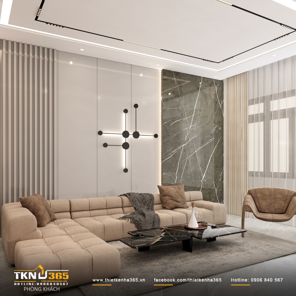 Thiết kế nội thất nhà phố 4 tầng “nhường chỗ” cho ánh sáng, vật liệu và cảm xúc cùng lên tiếng 2 Bảng màu trắng - be - xám kết hợp mảng tường ốp đá và chi tiết trang trí tiết chế, tạo chiều sâu cho không gian