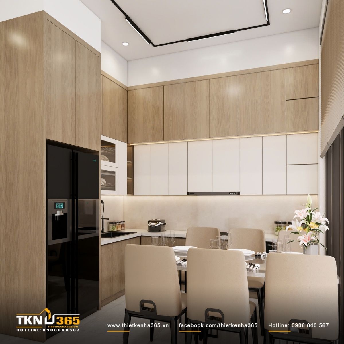 Thiết kế nội thất nhà phố 4 tầng kết hợp không gian ở và kinh doanh 2 Tổng thể khu bếp cho thấy sự liền mạch giữa khu nấu nướng và bàn ăn, ưu tiên công năng và sự thuận tiện trong sinh hoạt hàng ngày