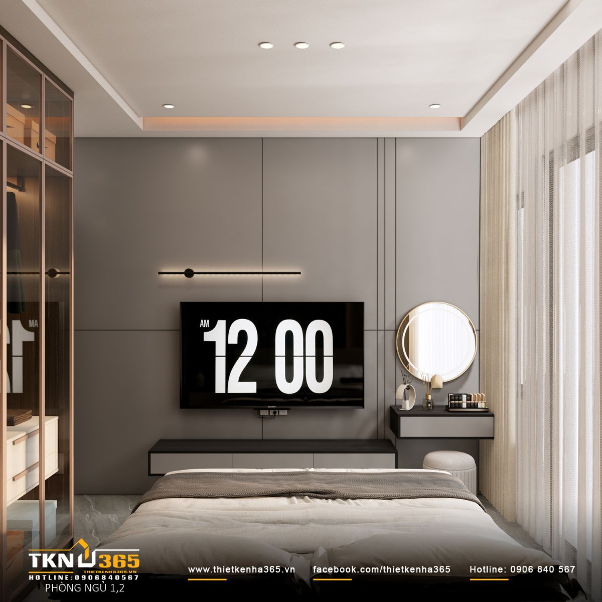 Thiết kế nội thất nhà phố 4 tầng “nhường chỗ” cho ánh sáng, vật liệu và cảm xúc cùng lên tiếng 23 Phòng ngủ được bố trí thêm tivi, đáp ứng nhu cầu thư giãn của các thành viên trong gia đình