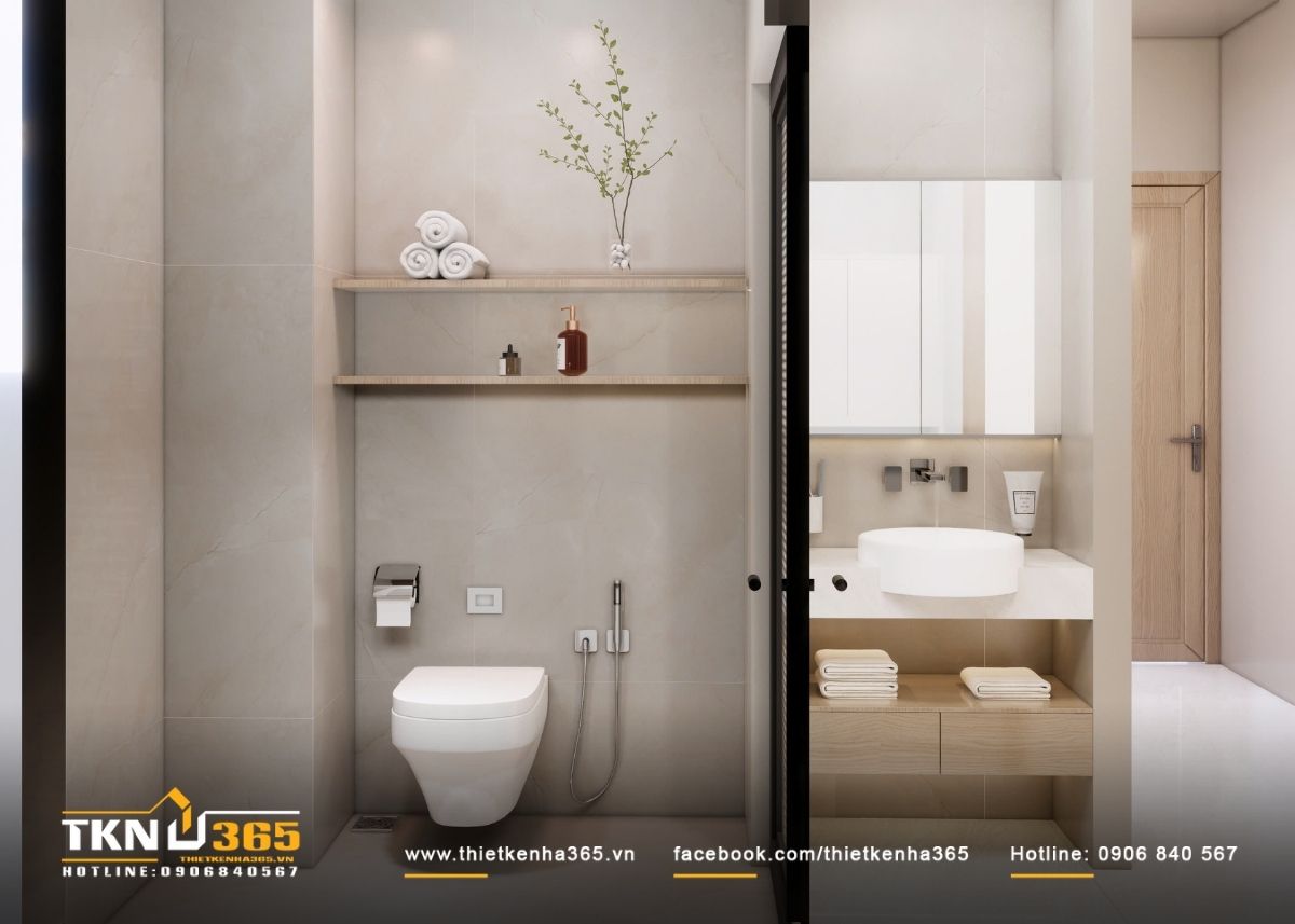 Thiết kế nội thất nhà phố 4 tầng kết hợp không gian ở và kinh doanh 23 Phòng vệ sinh tổ chức gọn gàng, các khu chức năng phân định rõ ràng, thuận tiện trong sử dụng hàng ngày