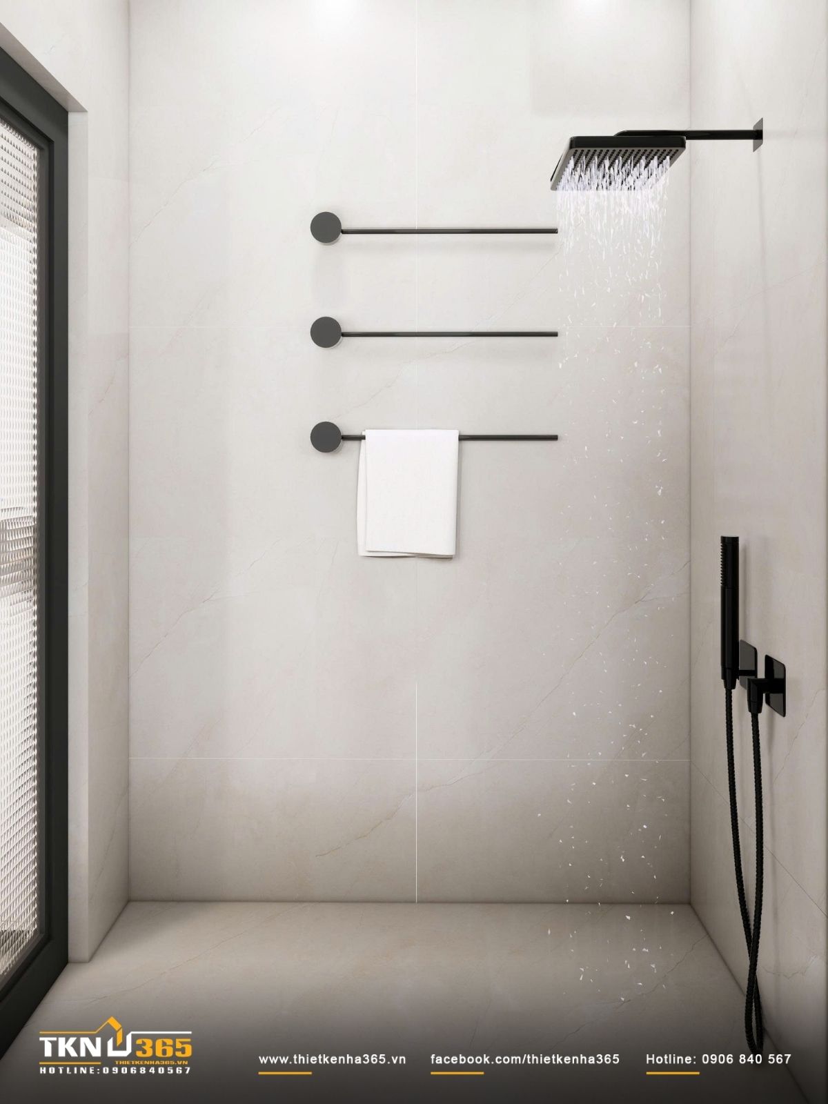 Thiết kế nội thất nhà phố 4 tầng kết hợp không gian ở và kinh doanh 24 Khu tắm đứng thiết kế tối giản, đường nét thẳng và vật liệu sáng giúp không gian luôn sạch sẽ, dễ chịu
