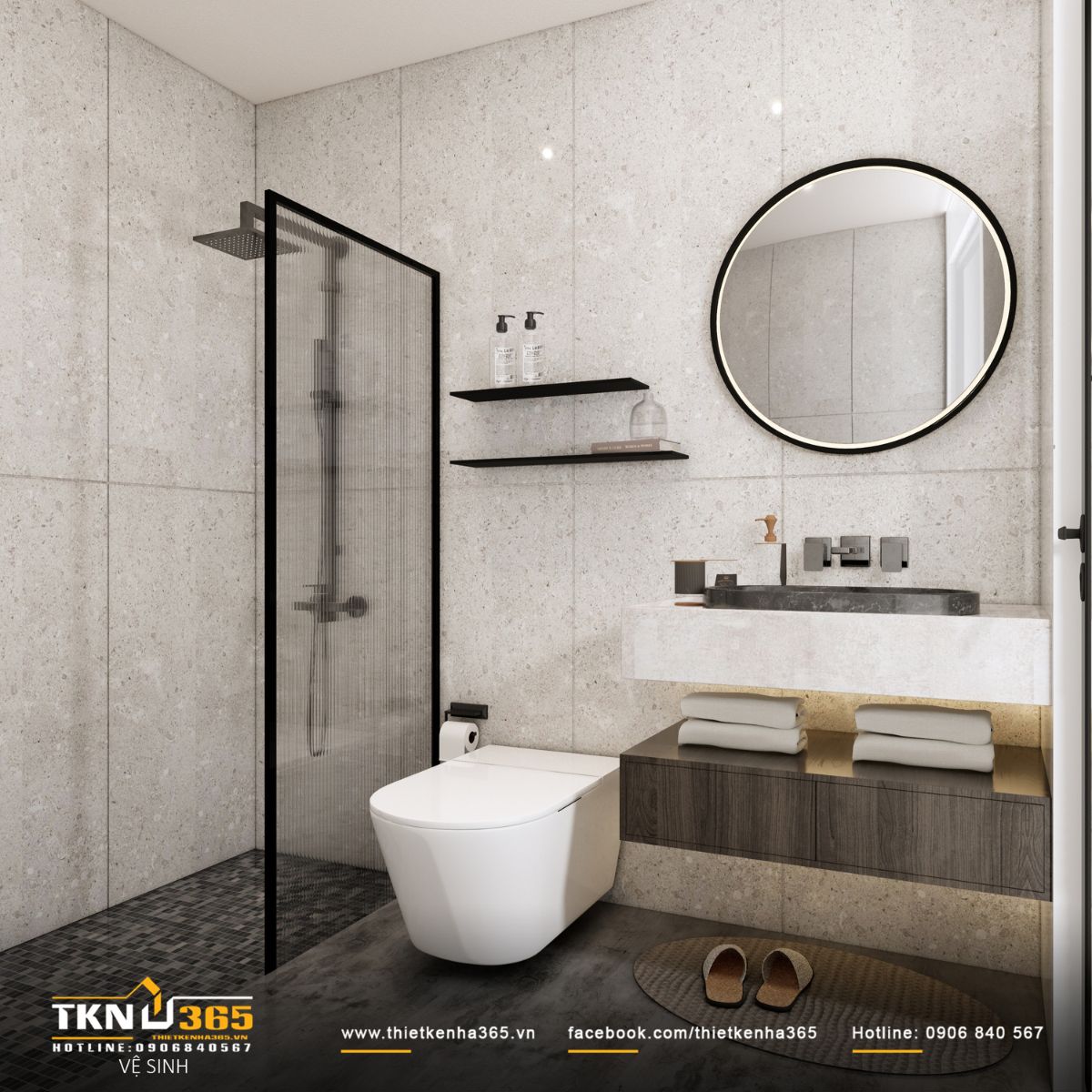 Thiết kế nội thất nhà phố 4 tầng “nhường chỗ” cho ánh sáng, vật liệu và cảm xúc cùng lên tiếng 25 Nhà vệ sinh phân chia khu vực khô - ướt rõ ràng, đảm bảo tiện nghi trong sinh hoạt hàng ngày