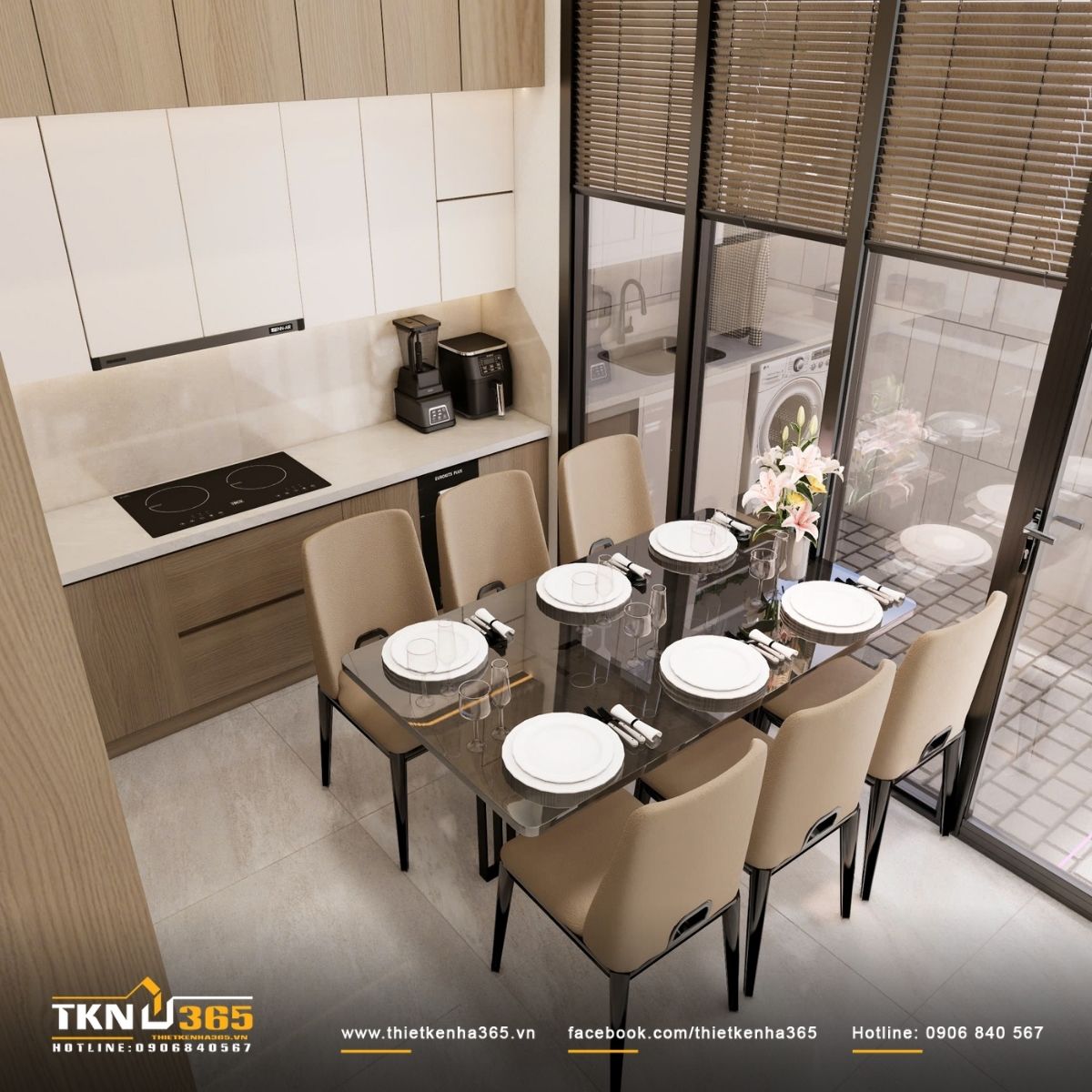Thiết kế nội thất nhà phố 4 tầng kết hợp không gian ở và kinh doanh 3 Bàn ăn đặt cạnh mảng kính lớn hướng ra sân sau, tận dụng ánh sáng tự nhiên, giúp không gian luôn thông thoáng và dễ chịu