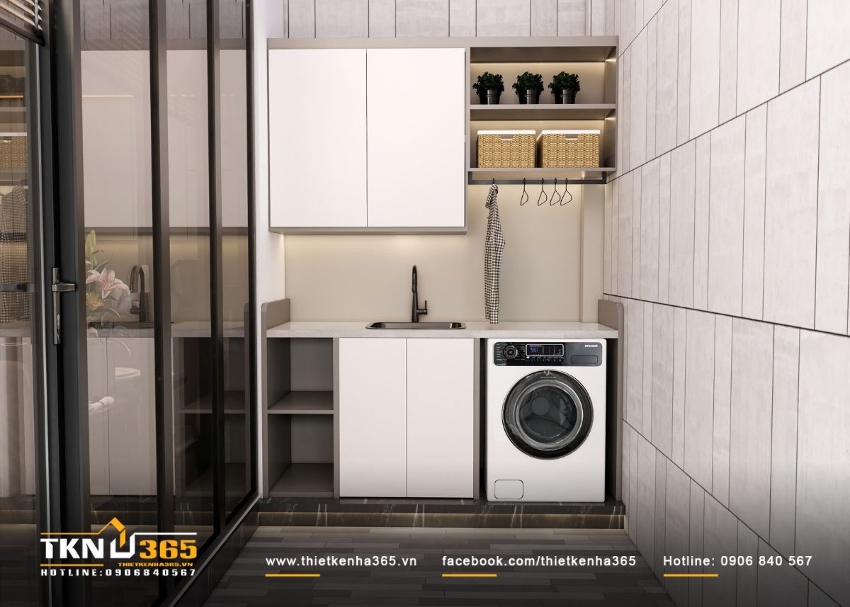 Thiết kế nội thất nhà phố 4 tầng kết hợp không gian ở và kinh doanh 4 Khu giặt - phơi bố trí gọn trong không gian riêng, tích hợp thiết bị hiện đại và hệ lưu trữ thông minh, tối ưu diện tích sử dụng