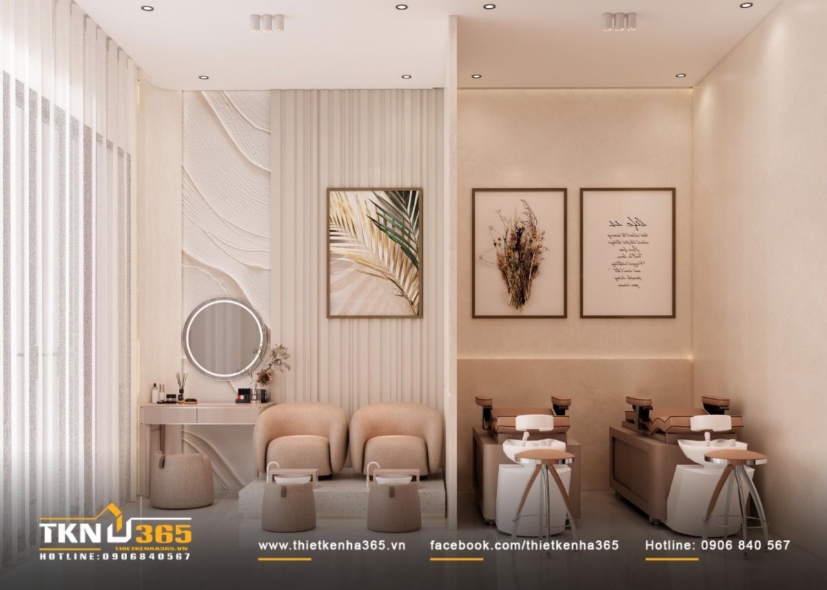 Thiết kế nội thất nhà phố 4 tầng kết hợp không gian ở và kinh doanh 5 Không gian tầng trệt được tổ chức theo bố cục mềm mại, phân tách vừa đủ giữa khu làm nail và spa
