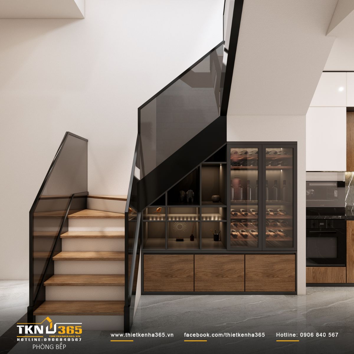 Thiết kế nội thất nhà phố 4 tầng “nhường chỗ” cho ánh sáng, vật liệu và cảm xúc cùng lên tiếng 6 Gầm cầu thang được tận dụng thành hệ tủ lưu trữ và trưng bày rượu, tối ưu diện tích trong nhà phố 4 tầng