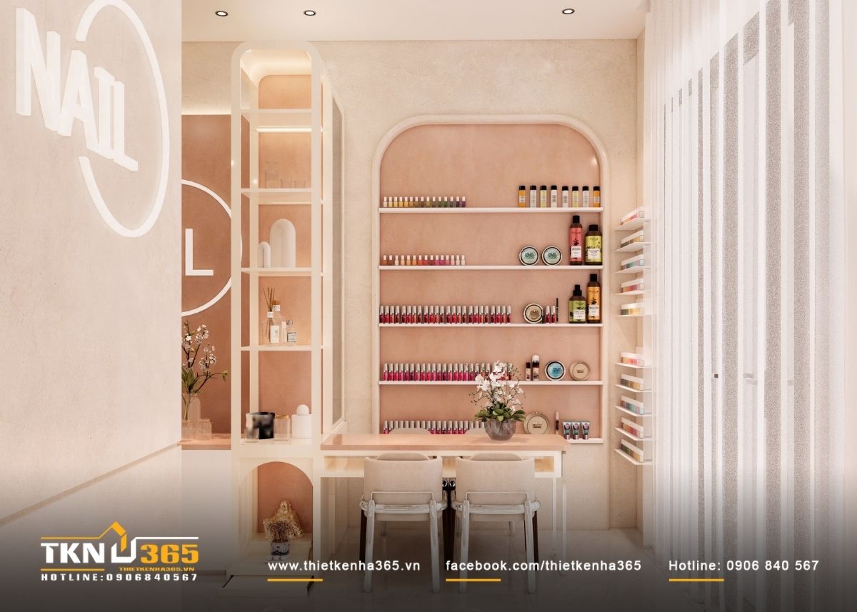 Thiết kế nội thất nhà phố 4 tầng kết hợp không gian ở và kinh doanh 7 Sự kết hợp giữa đường cong nhẹ, chi tiết bo tròn và ánh sáng ấm tạo nên bầu không khí dễ chịu, cân bằng giữa công năng kinh doanh và trải nghiệm cảm xúc