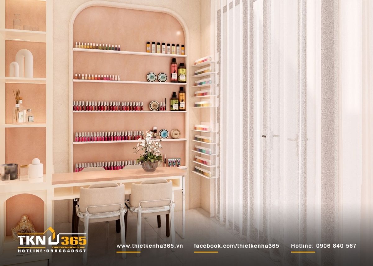 Thiết kế nội thất nhà phố 4 tầng kết hợp không gian ở và kinh doanh 8 Khu làm nail bố trí gọn gàng với bàn ghế thiết kế đồng bộ, bảng màu trung tính tạo cảm giác thân thiện, dễ tiếp cận