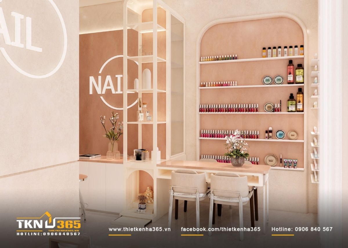 Thiết kế nội thất nhà phố 4 tầng kết hợp không gian ở và kinh doanh 9 Hệ kệ trưng bày sơn và phụ kiện được thiết kế tối giản, sắp xếp khoa học, hỗ trợ tốt cho quá trình vận hành hàng ngày